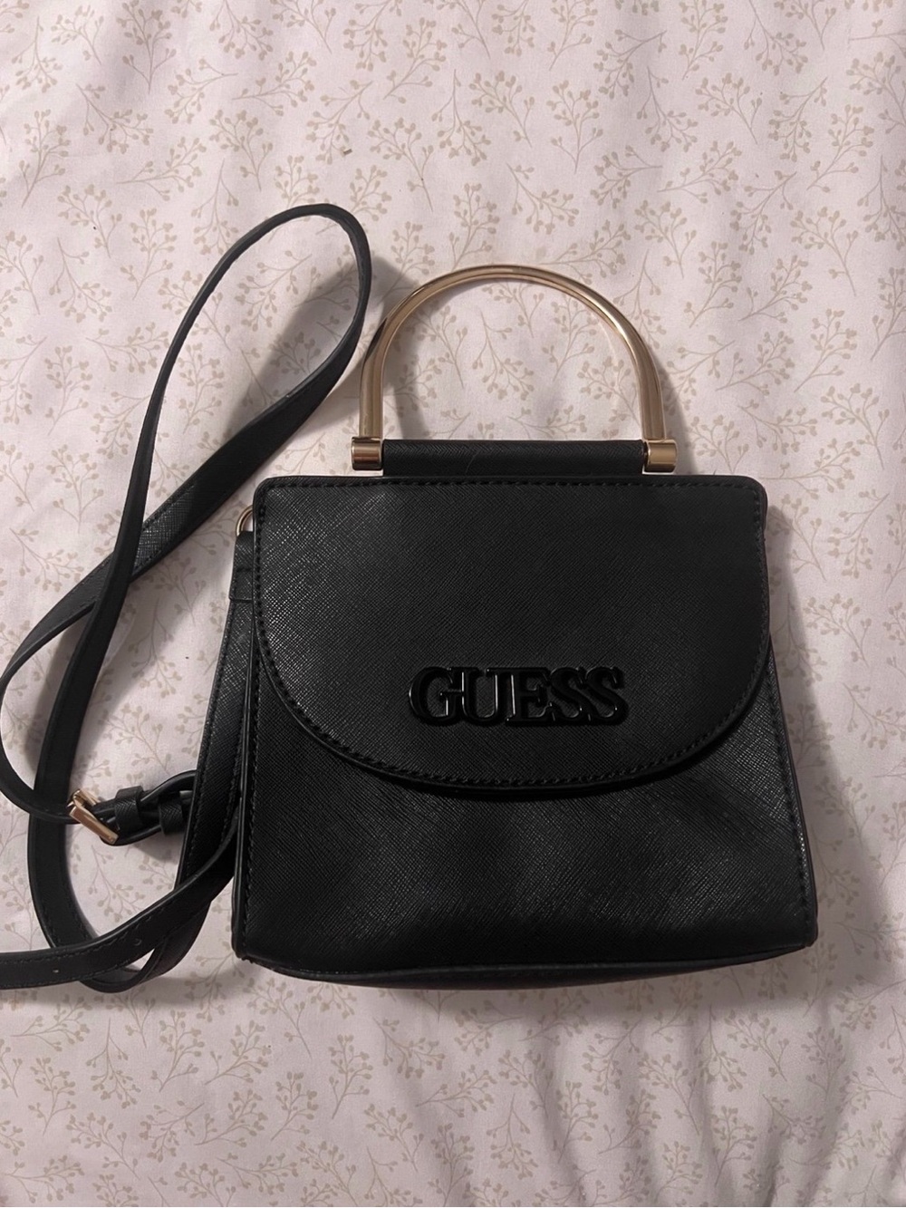 GUESS Black Mini Top-Handle Crossbody with Gold Accent